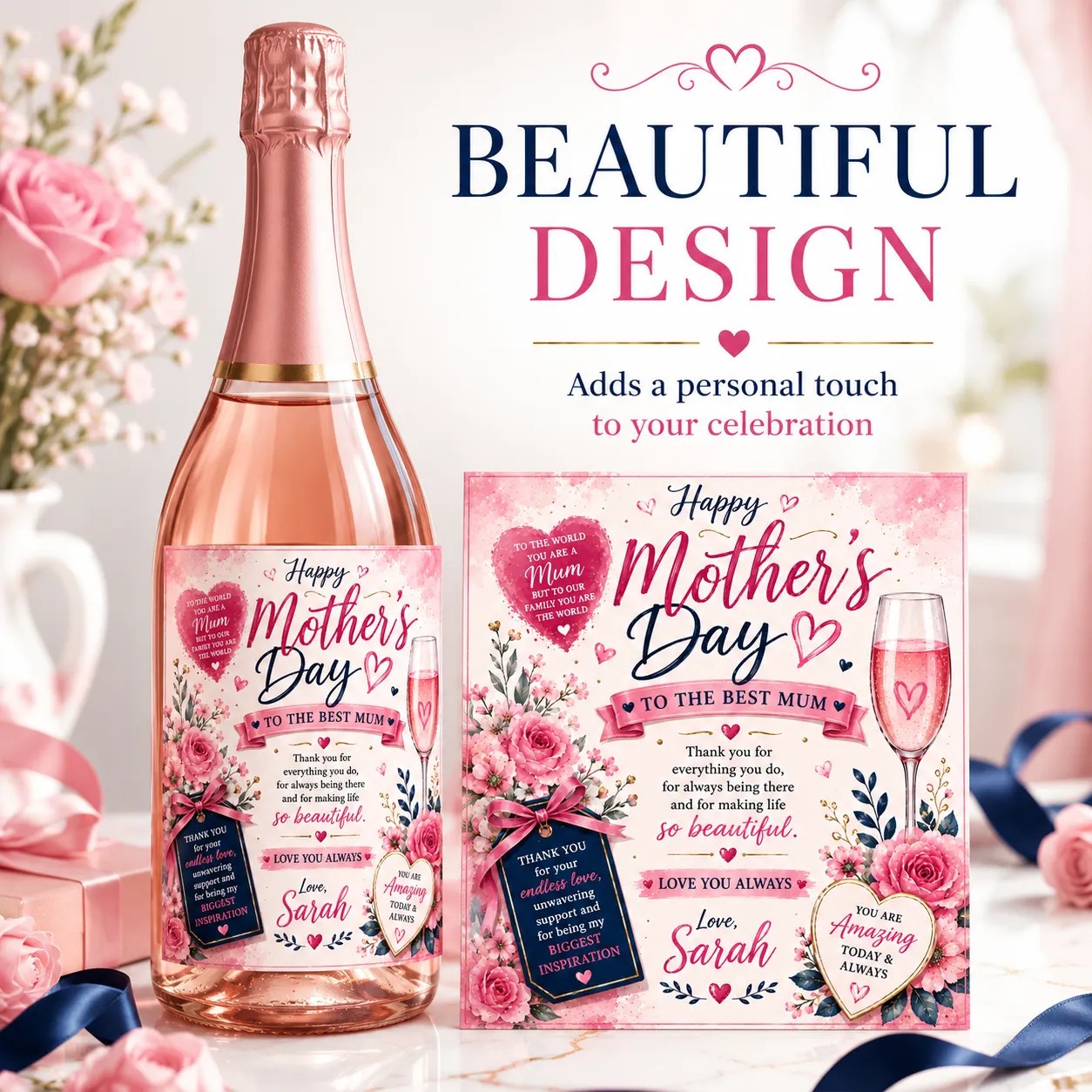 Personalised Mother’s Day Bottle Label Sticker Gift for Mum Wine Champagne