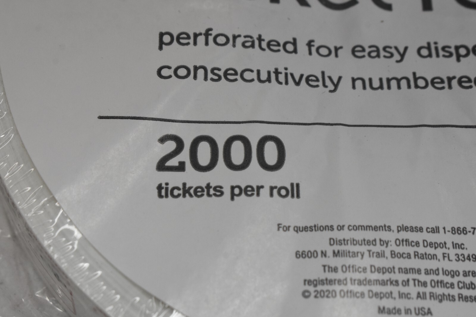Raffle Ticket Roll of 2000 Tickets White Single Coupon Ticket Roll 759-131