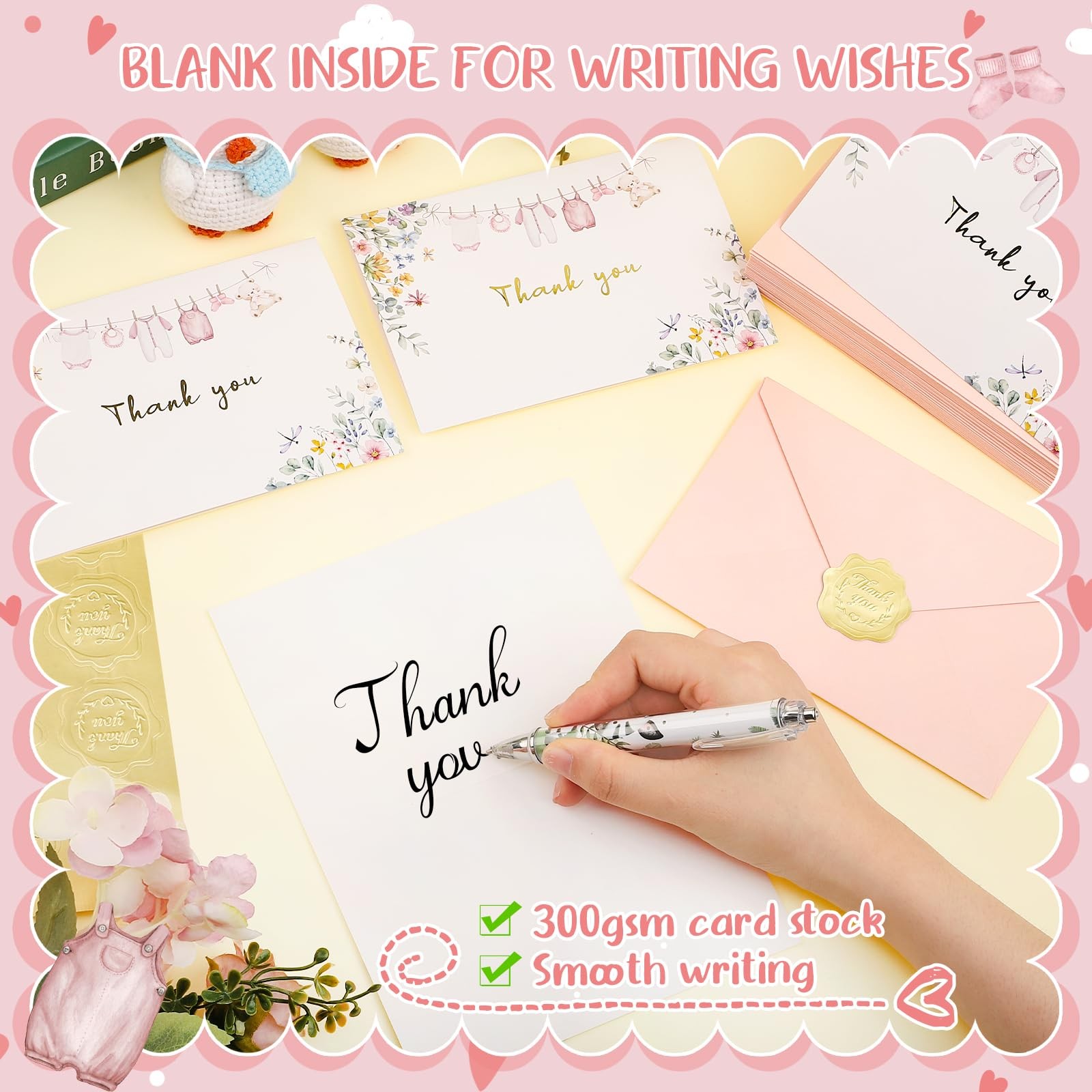 Thboxes 50 Pack Pink Baby Shower Thank You Cards with 6 x 4 inches,