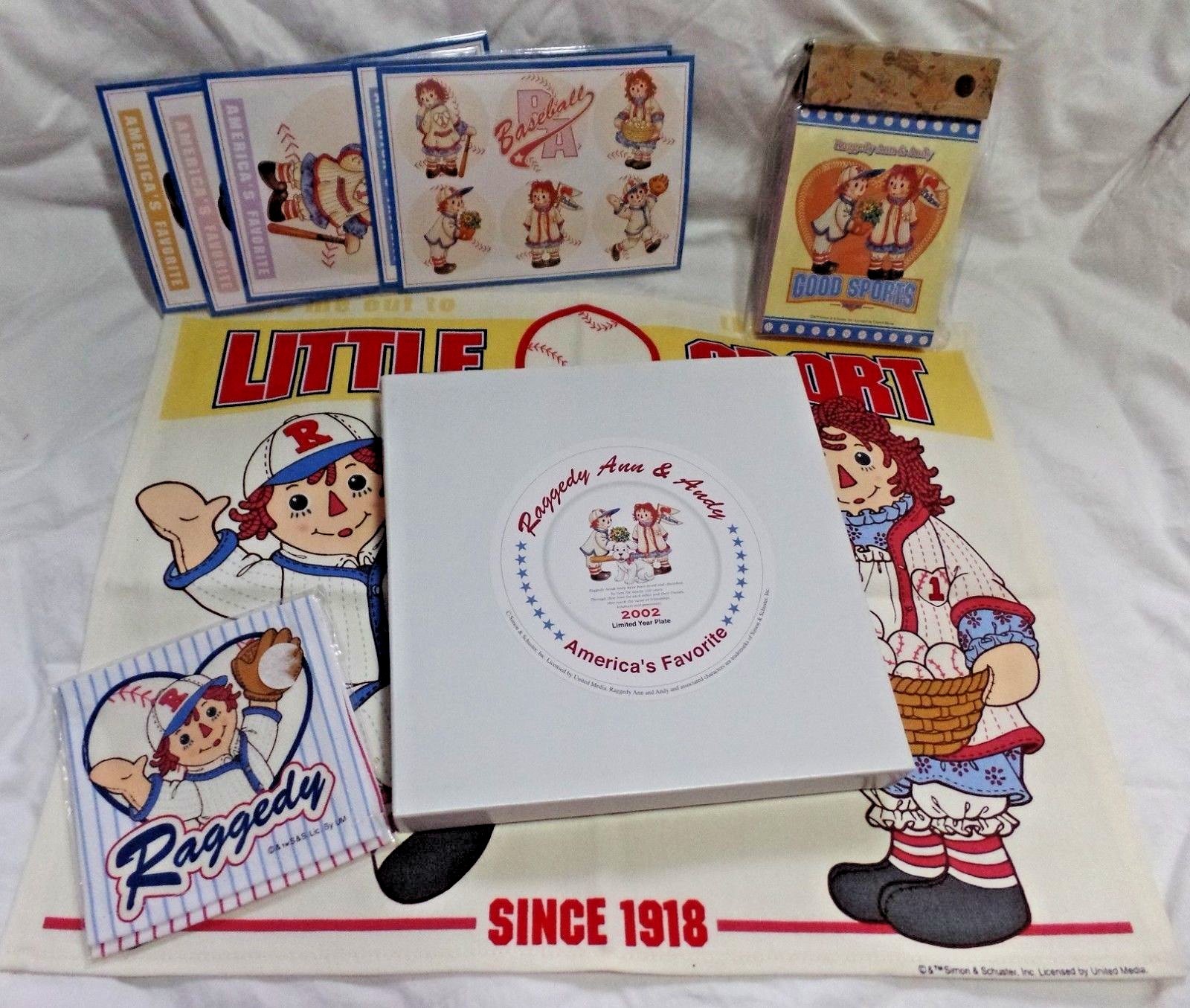 Raggedy Ann & Andy Postcards Place Mat Coasters 2002 Plate Notebook Baseball LOT