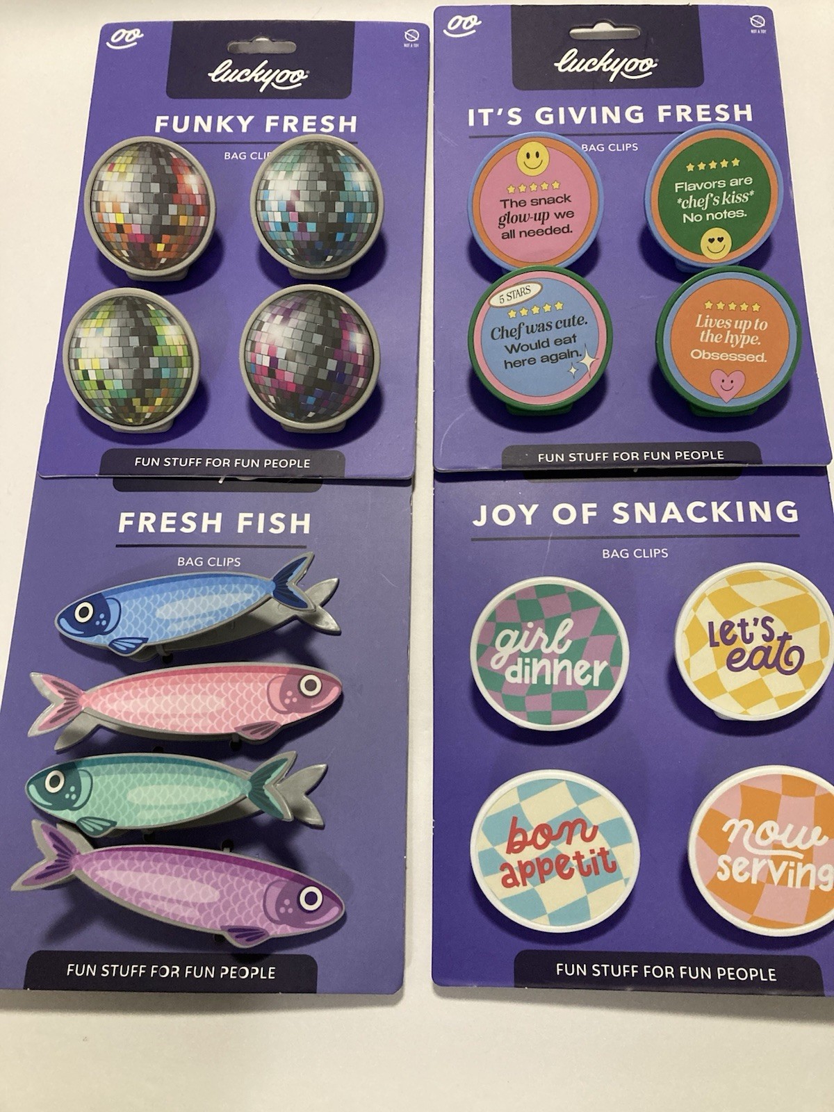 16 new Luckyoo Bag Clips ~ Disco Ball, Fresh Fish, Bon Appetit, Smiley Face