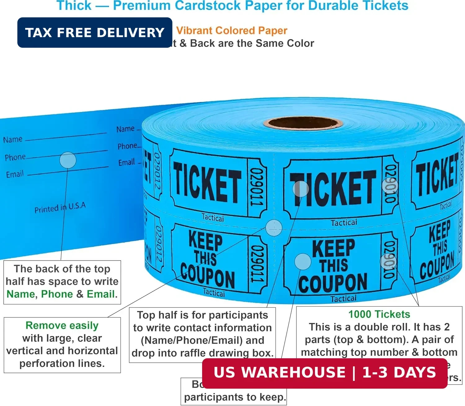 1000 Tacticai Raffle Tickets, Blue (1 of 8 Colors), Double Roll, Ticket for Even
