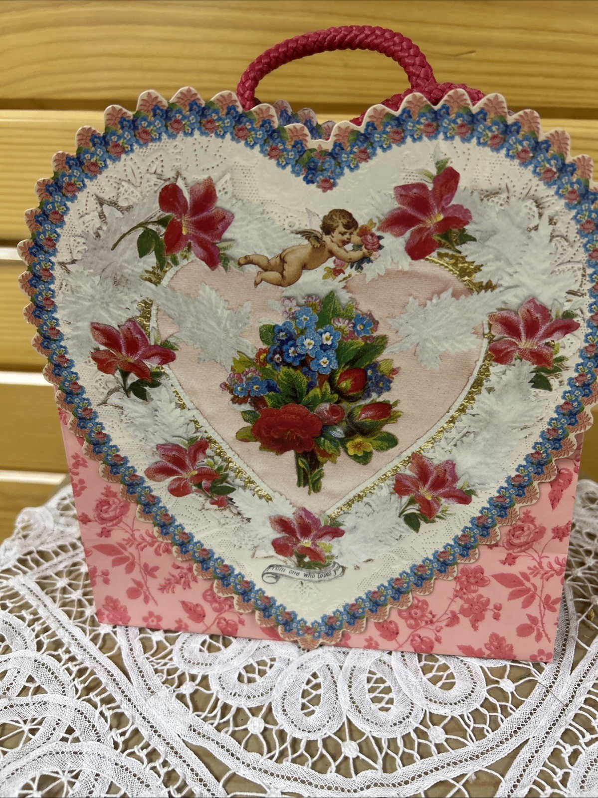 Punch Studio Gift Bag Die Cut ~Heart Cherub Flowers~ 2 Sided Medium LOVE~New