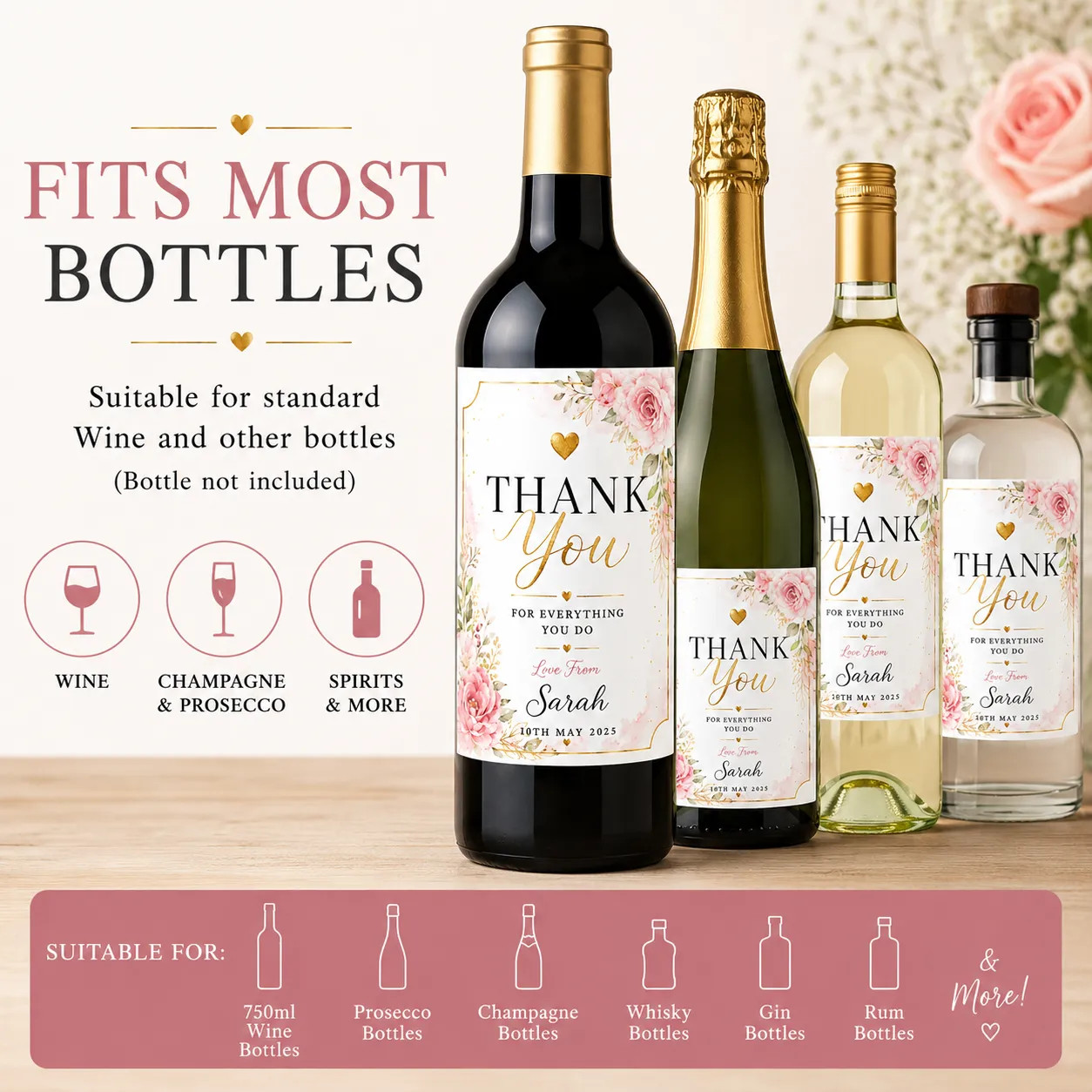 Personalised Thank You Gift Bottle Label Sticker Custom Wine Champagne Present