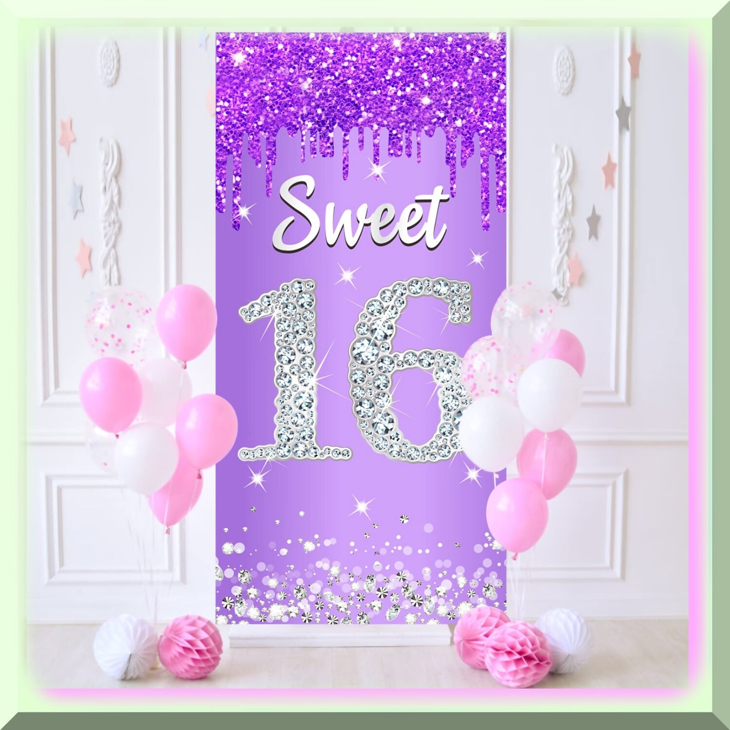 Sweet Sixteen Purple Silver Door Banner Polyester Indoor Outdoor