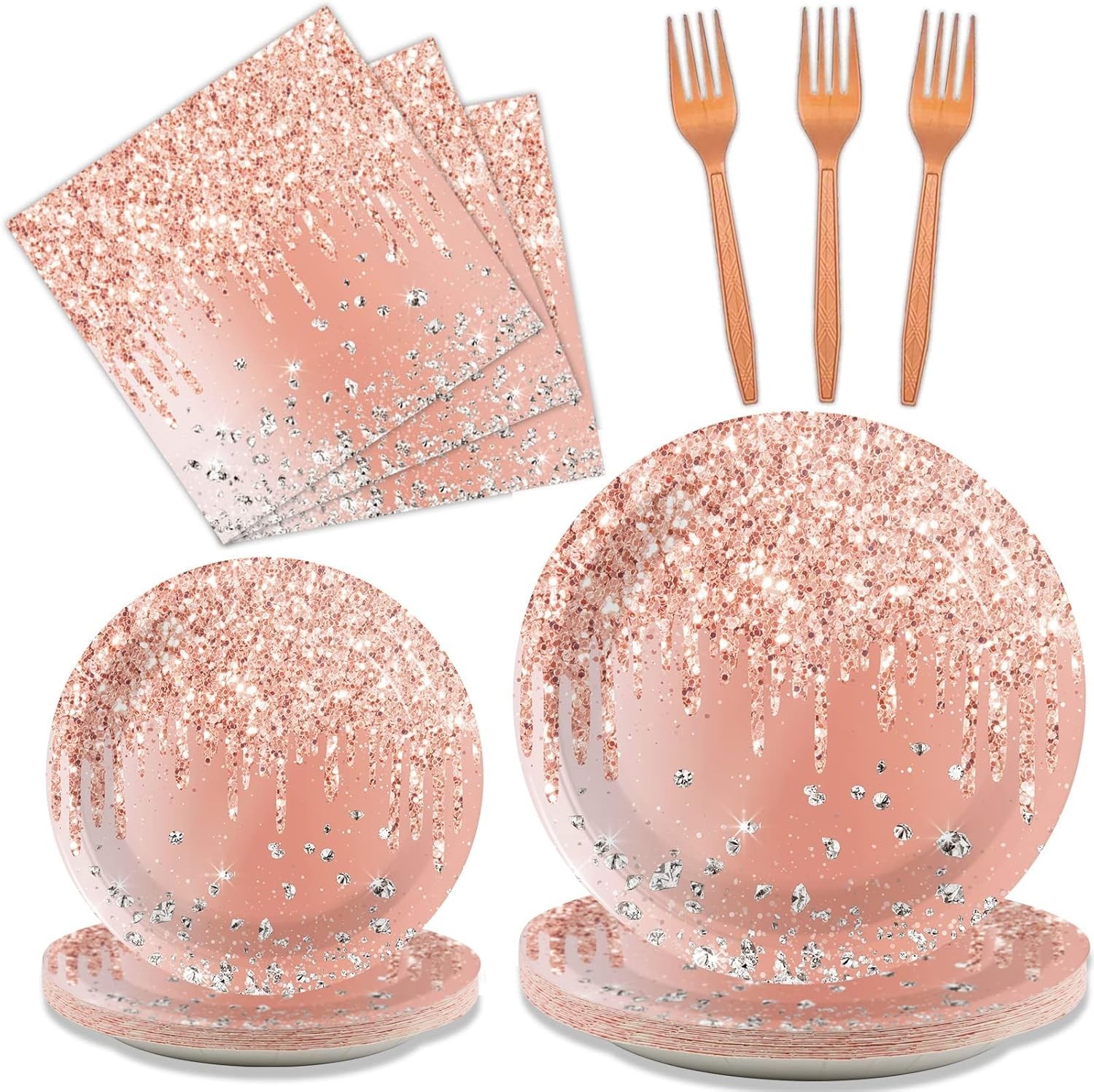 Birthday Tableware Set Pink Rose Gold Disposable Plates Napkins Forks 24 Guests