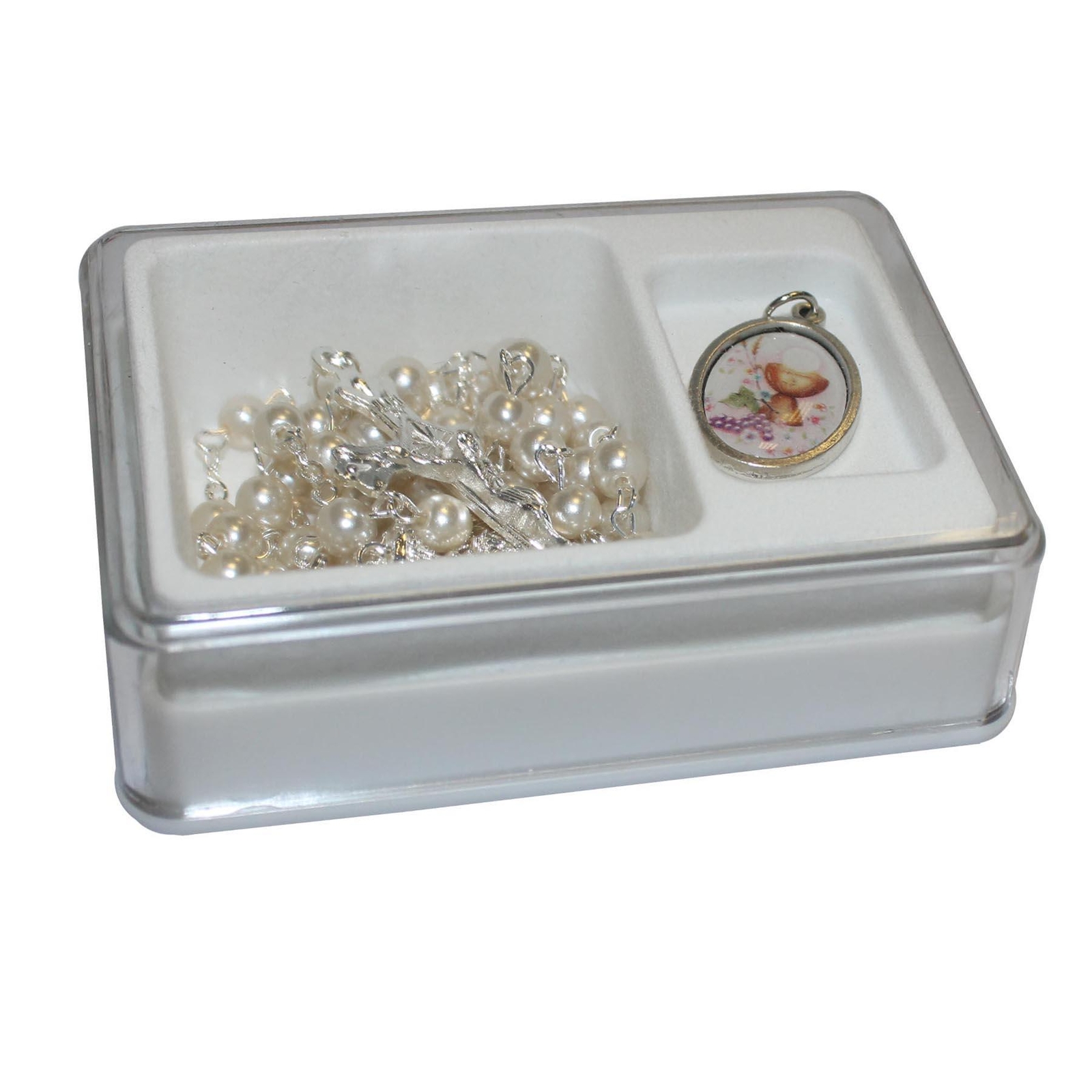 Holy Communion Pearl Rosary Beads and Picture Medal Gift Set