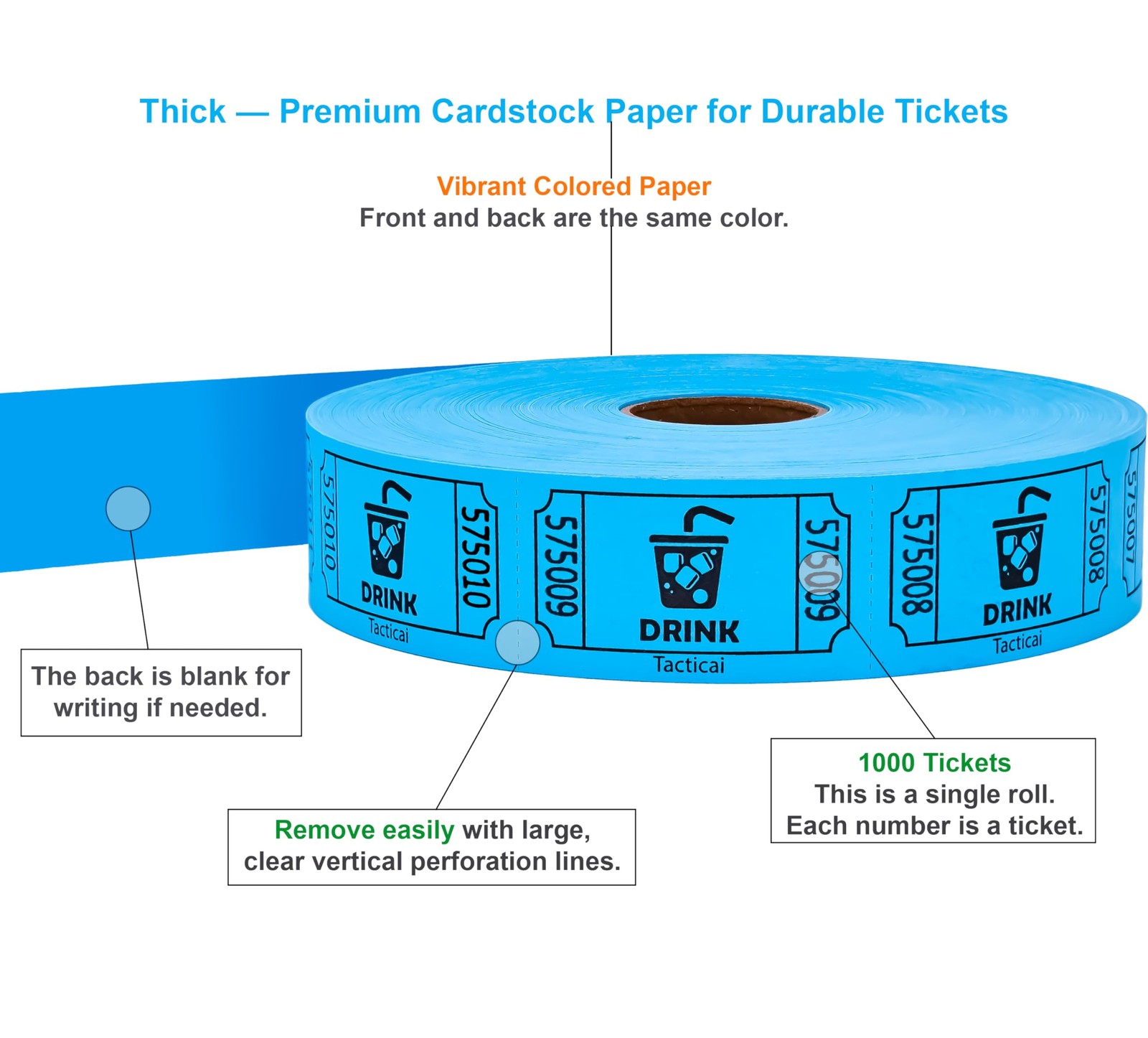 Tacticai 1000 Raffle Tickets, Drink, Blue (1 of 8 Colors), Single Roll