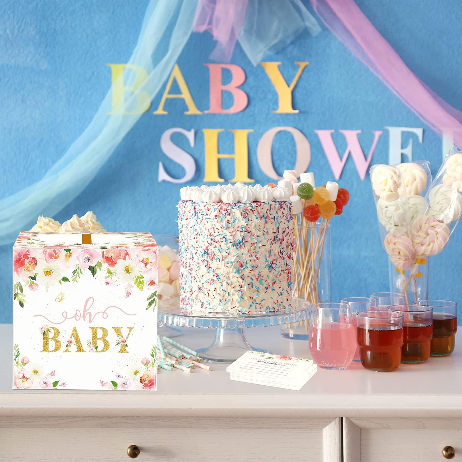 50 Pcs Floral Diaper Raffle Tickets with Diaper Raffle Card Box for Baby Shower