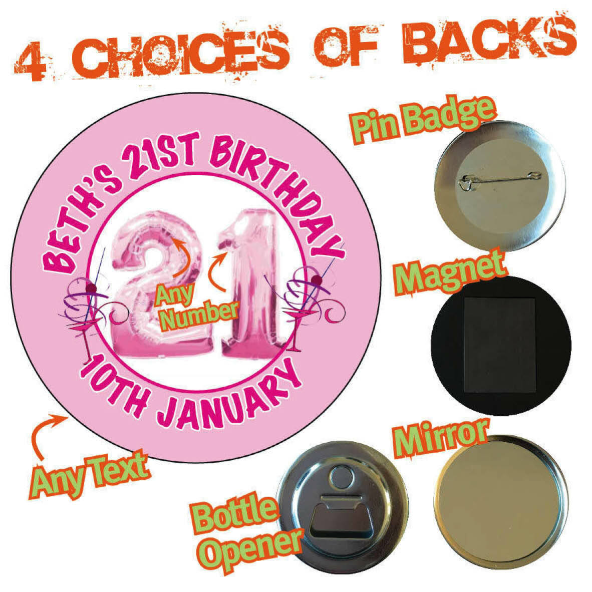 Personalised 21 30 40 50 Balloon Birthday Party Badge Magnet Opener Mirror 702