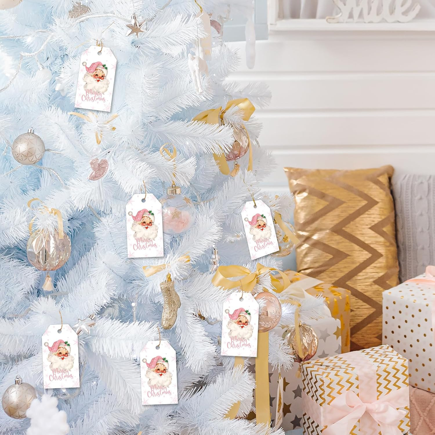 100Pcs Merry Christmas Paper Gift Tags Pink Santa Claus Snowflake Blank Hanging