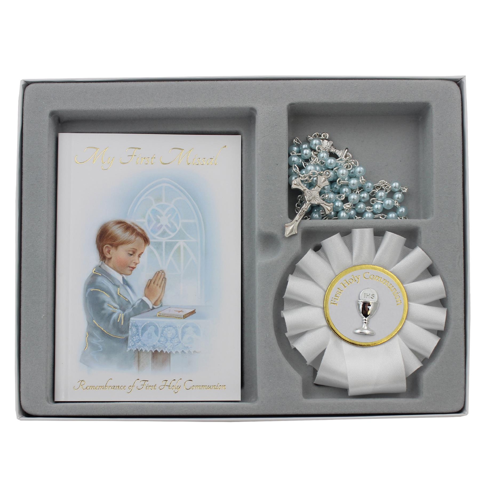 First Holy Communion Gift Set Boy Missal Book, Rosary and Rosette C5202