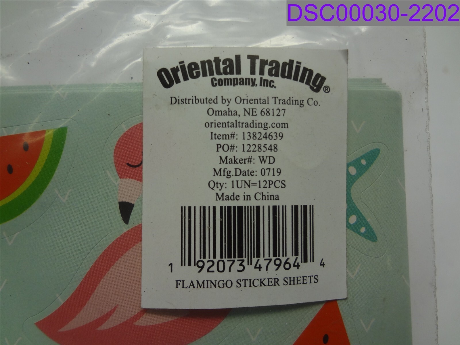 Qty = 12 sheets: Oriental Trading Flamingo Sticker Sheets P/N 13824639