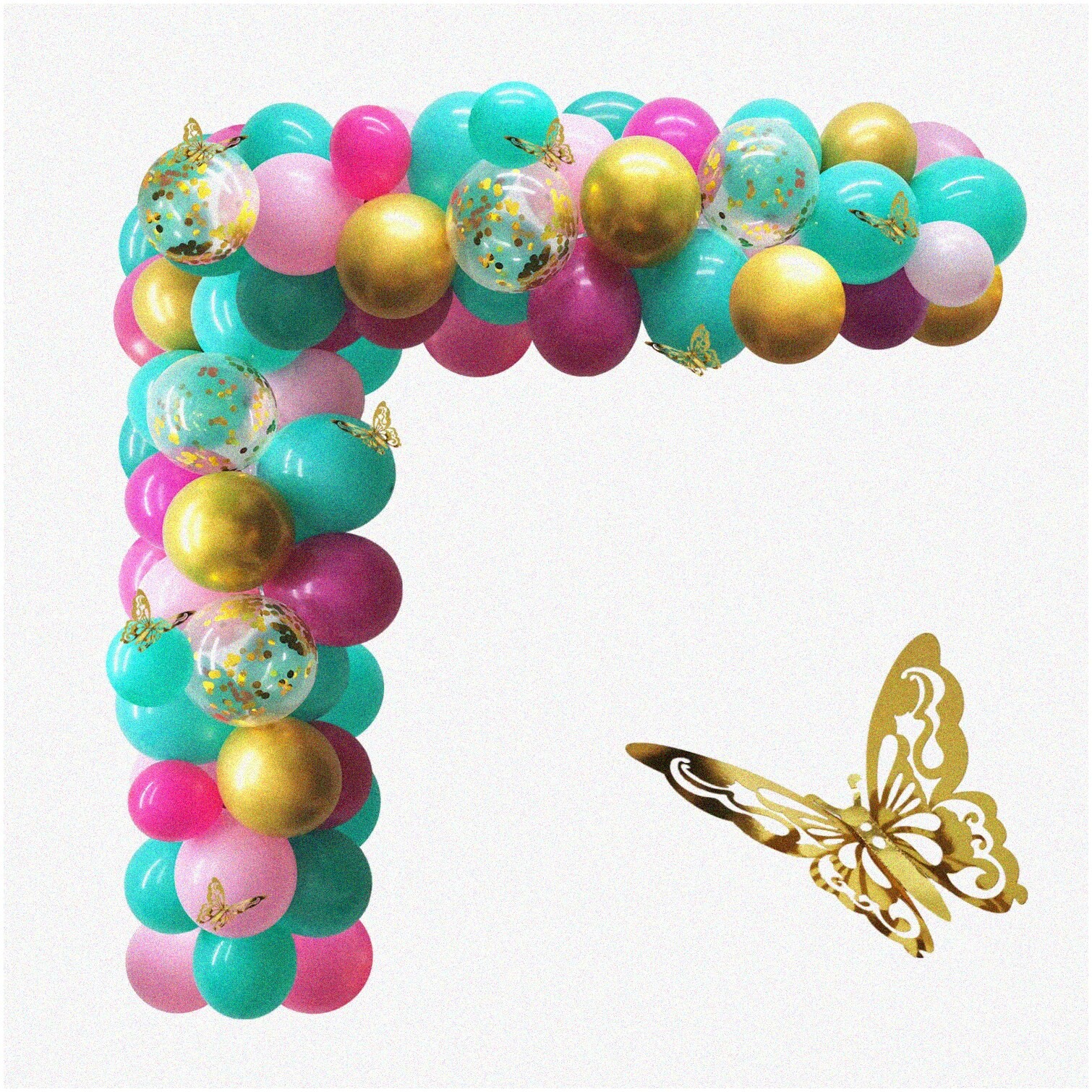 Teal Pink Balloon Arch Kit with Gold Butterflies