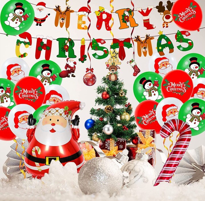 Holiday Decoration Set Merry Christmas Banner Santa Decor Balloons