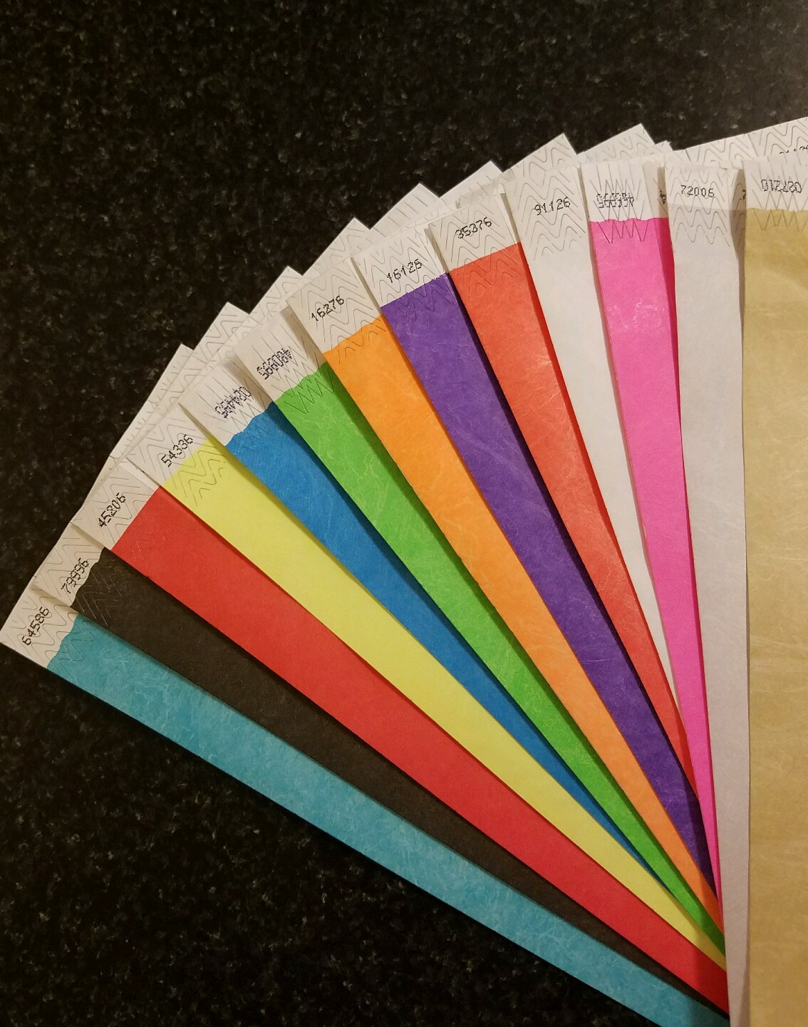 260 3/4″ ASSORTED TYVEK WRISTBANDS, 20 EACH OF 13 COLORS. PAPER WRISTBANDS
