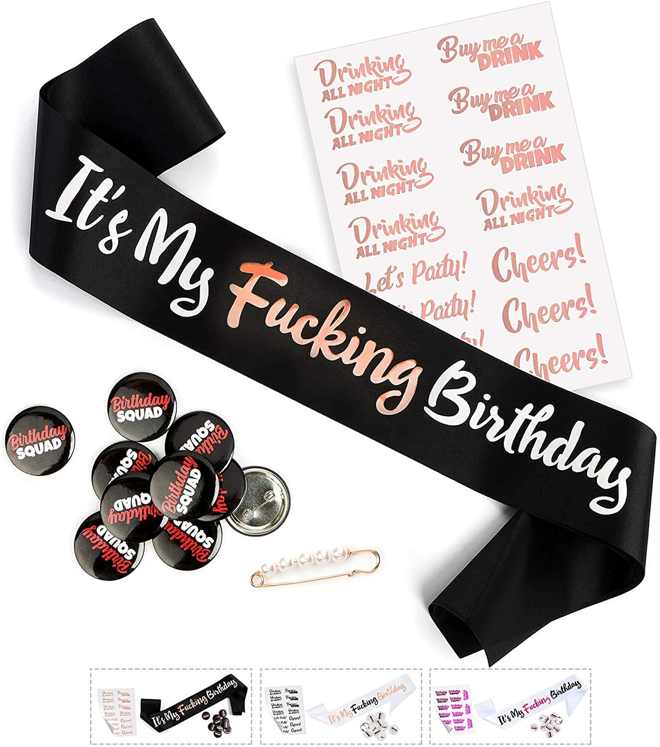 Set of 27 Birthday Sash, Buttons & Tattoos Kit – Rose Gold Birthday Girl Set