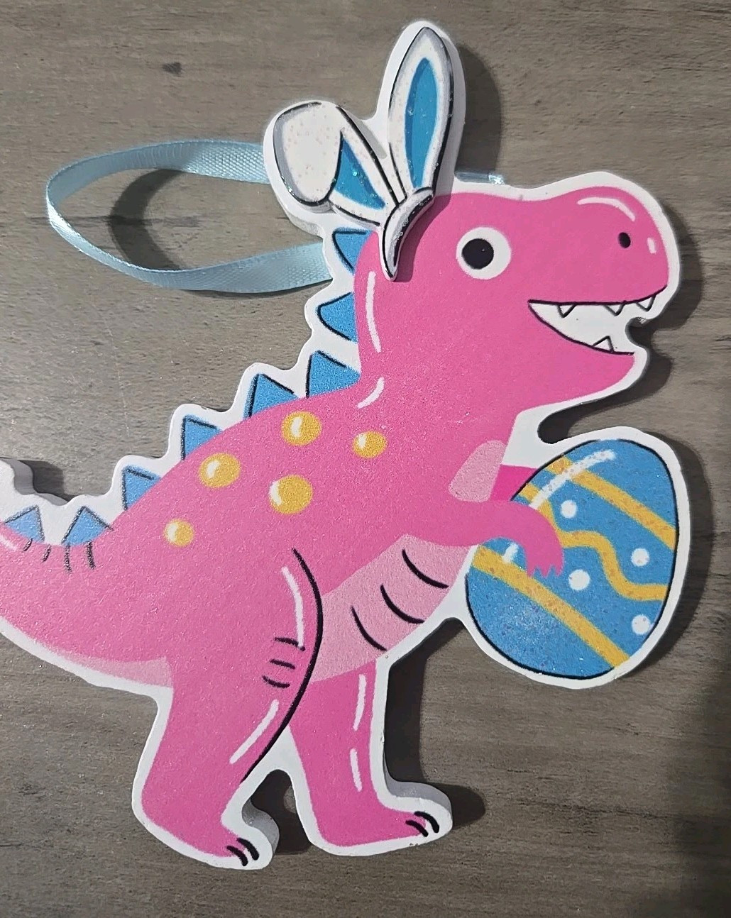 Wooden Hanging Easter Decoration Happy Dino With Bunny Ears And Egg