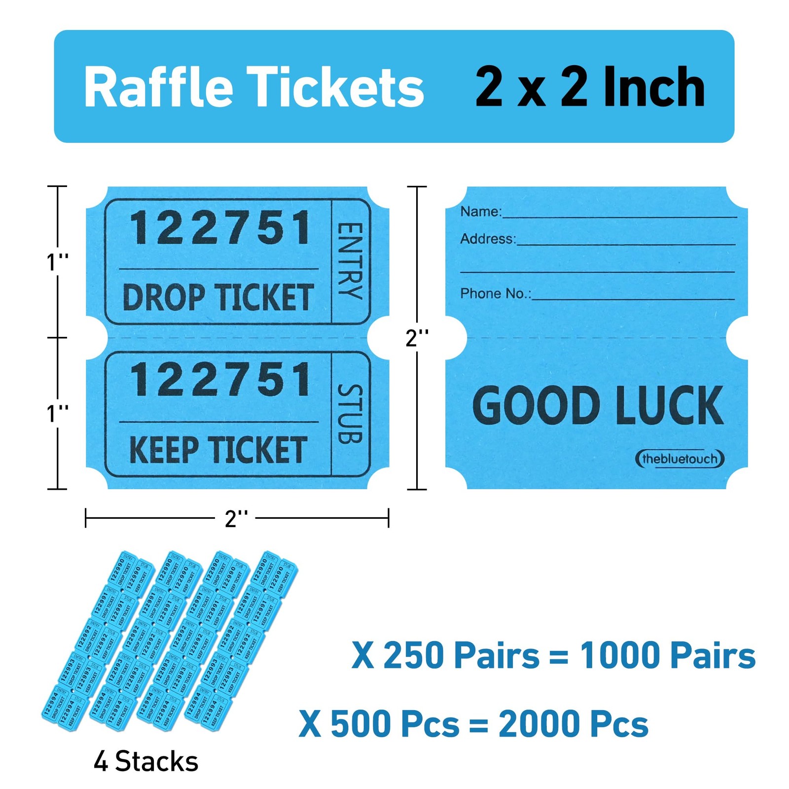 2″x2″ Blue 50/50 Raffle Tickets with Large Bold Numbers