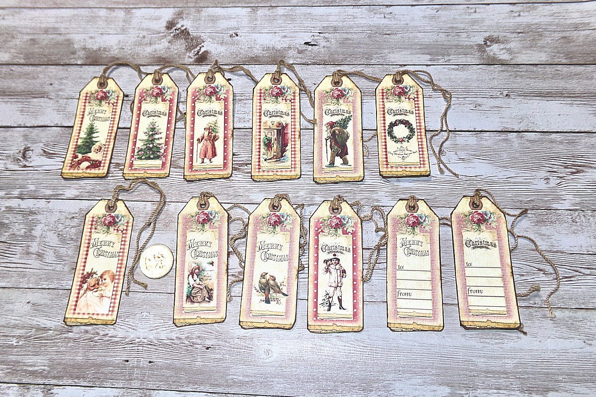 12-Christmas-Vintage-Farmhouse-Ephemera-Holiday-Linen Cardstock-Gift-Hang-Tags