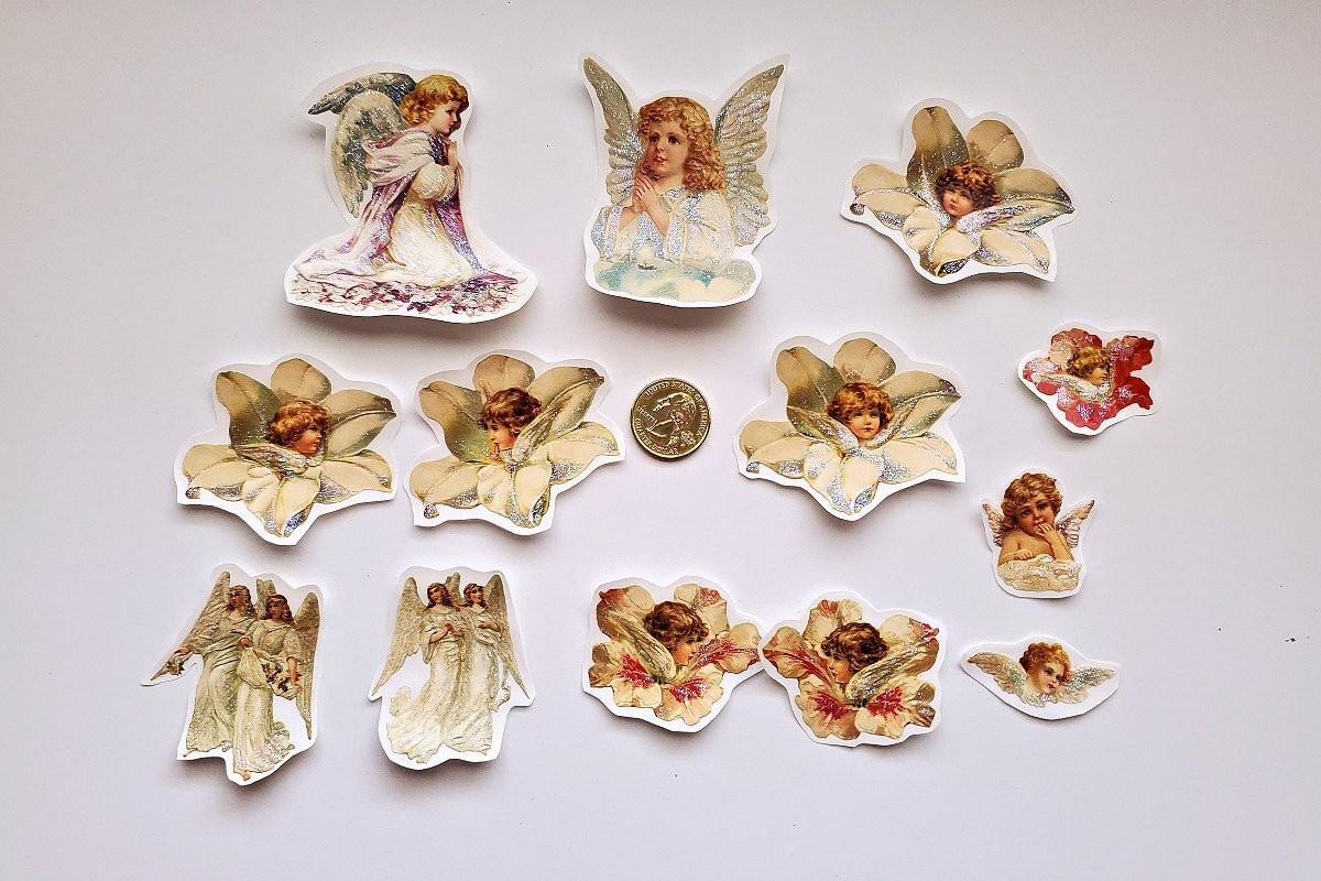 13-Easter-Victorian-Fussy Cut-Embossed-Scrap Reliefs-Angels-Glittered-Stickers