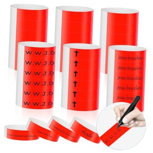 300Pcs WWJD Wristbands Adhesive Christian Bracelet Waterproof Paper Red
