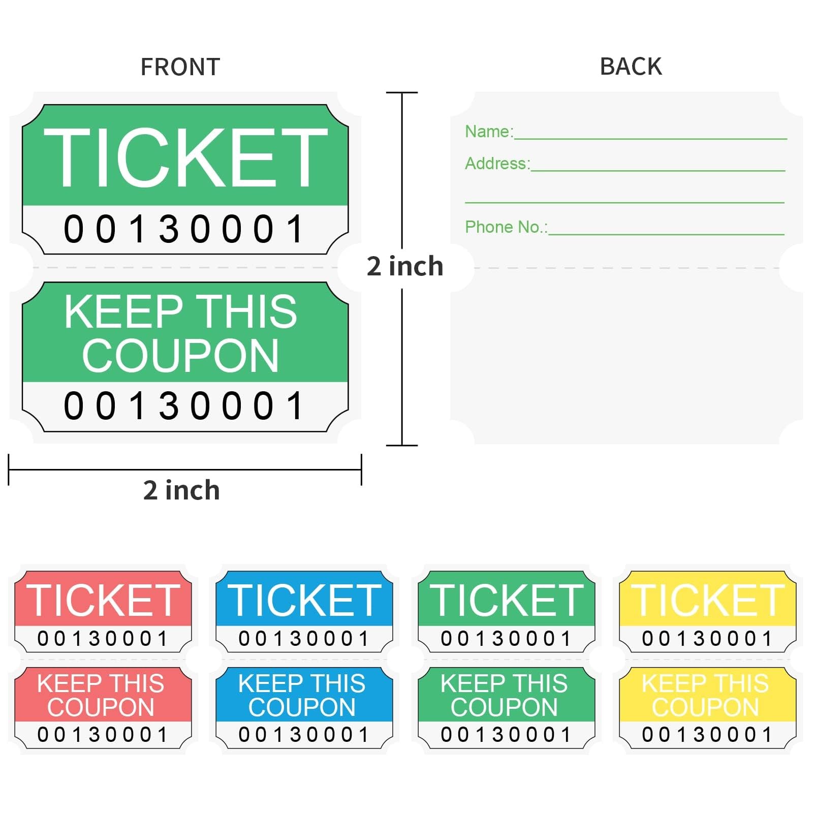 1000 Pairs Raffle Tickets Double Rolls,4 Vibrant Colors (Blue/Red/Yellow/Gree…