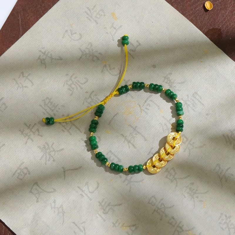 Chinese Green Chalcedony Beads Woven Bracelet Hand Rope Luck Wealth Blessing