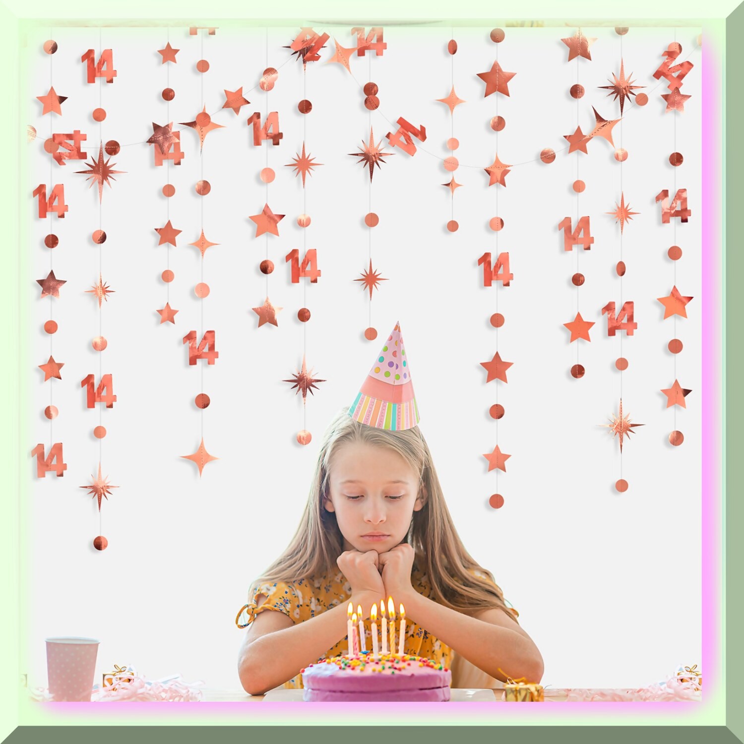 Rose Gold 14th Birthday Decor Kit with Glitter Numbers