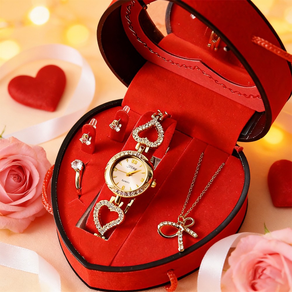 Women’s Watch & Jewelry Set Elegant Necklace Earrings Ring For Valentine’s Day