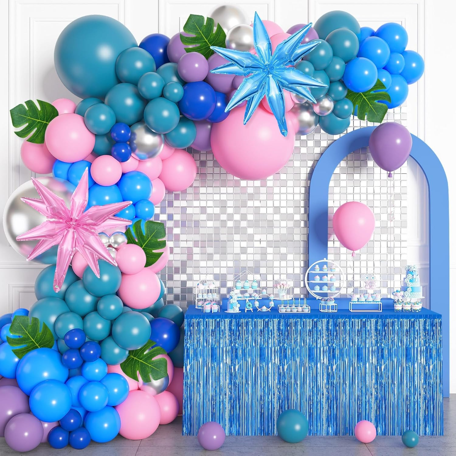 157Pcs Pink Blue Balloon Arch Garland Kit with Table Skirt Purple Metallic Silve