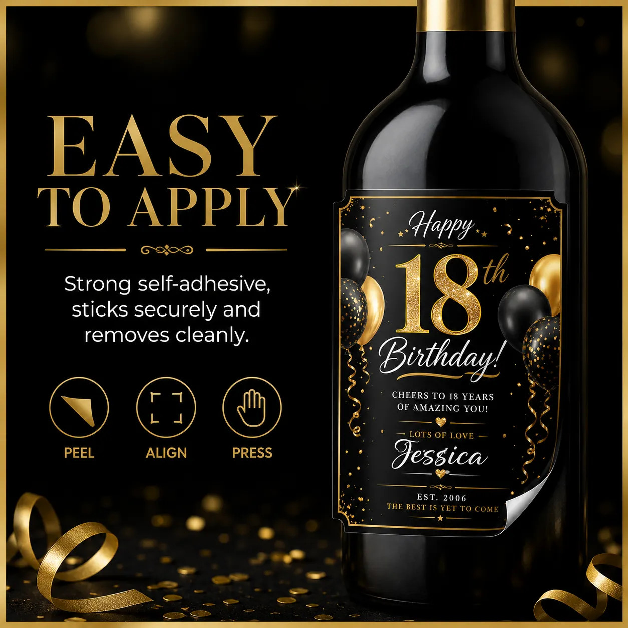 Personalised 18th Birthday Bottle Label Sticker Custom Wine Gift Black Gold