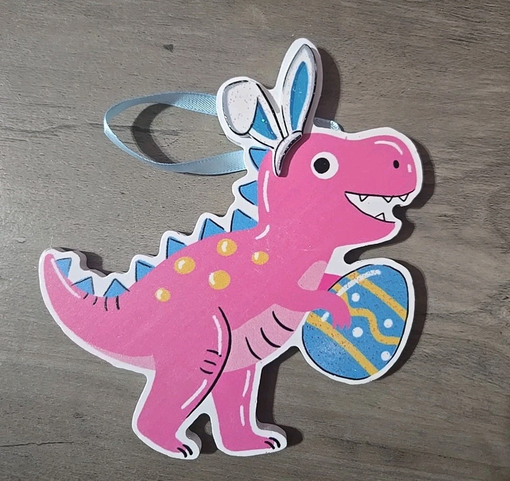 Wooden Hanging Easter Decoration Happy Dino With Bunny Ears And Egg