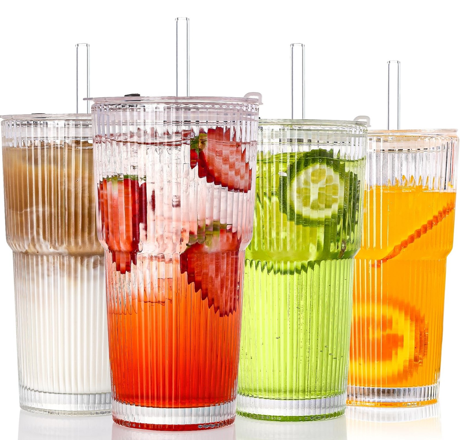 4PCS Ribbed Glass Cups with Lids and Straws, 20oz Vintage Drinking Glasses, A…