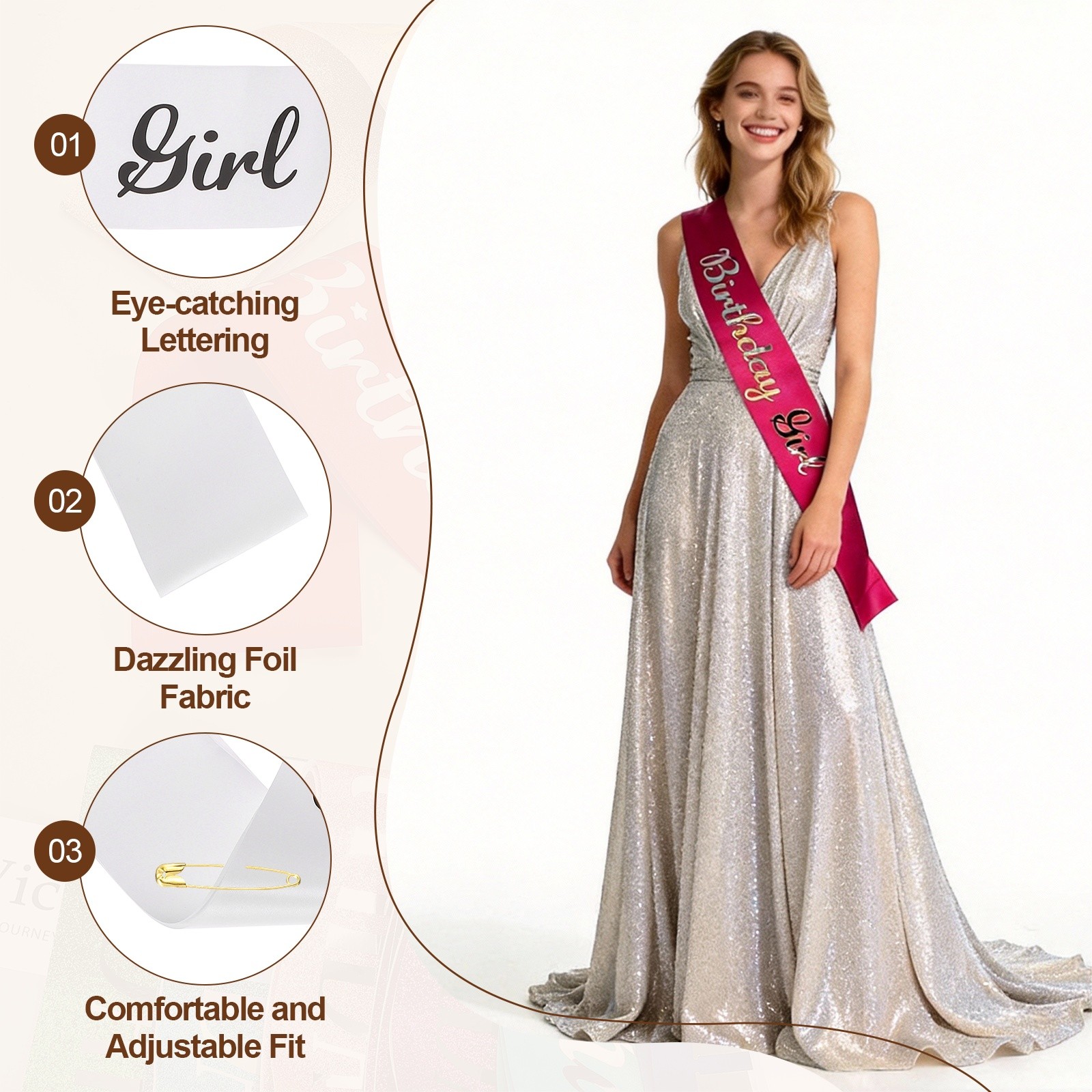 Birthday Girls Sash with Pin Black Sparkle Lettering for Birthday Party White