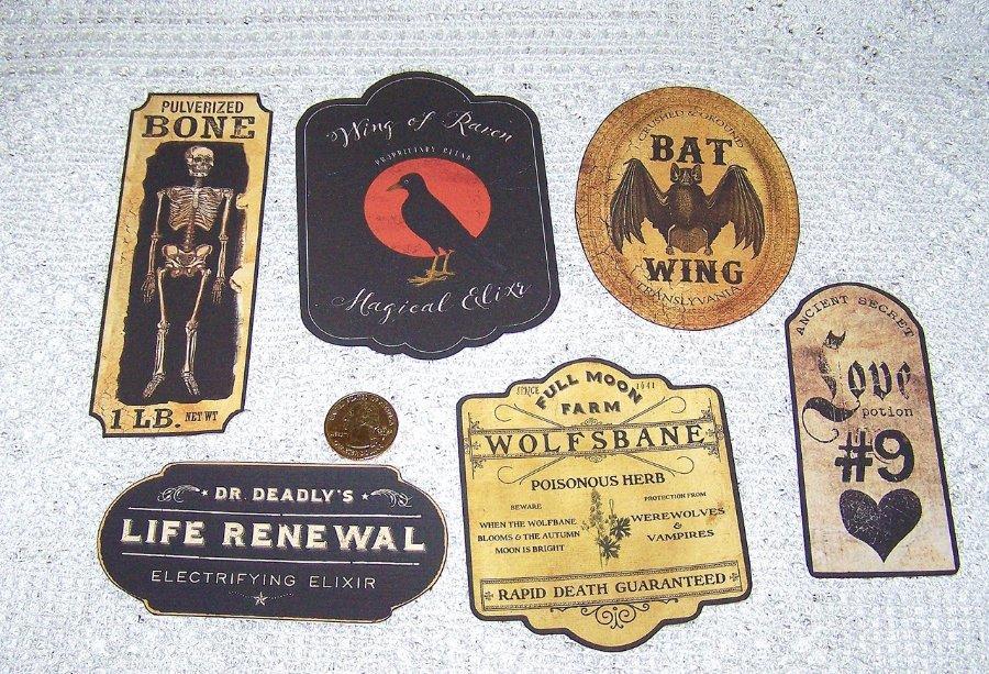 6~Halloween~Vintage~Potion~Bottle~Label~Fussy Cut~Linen Cardstock~Stickers