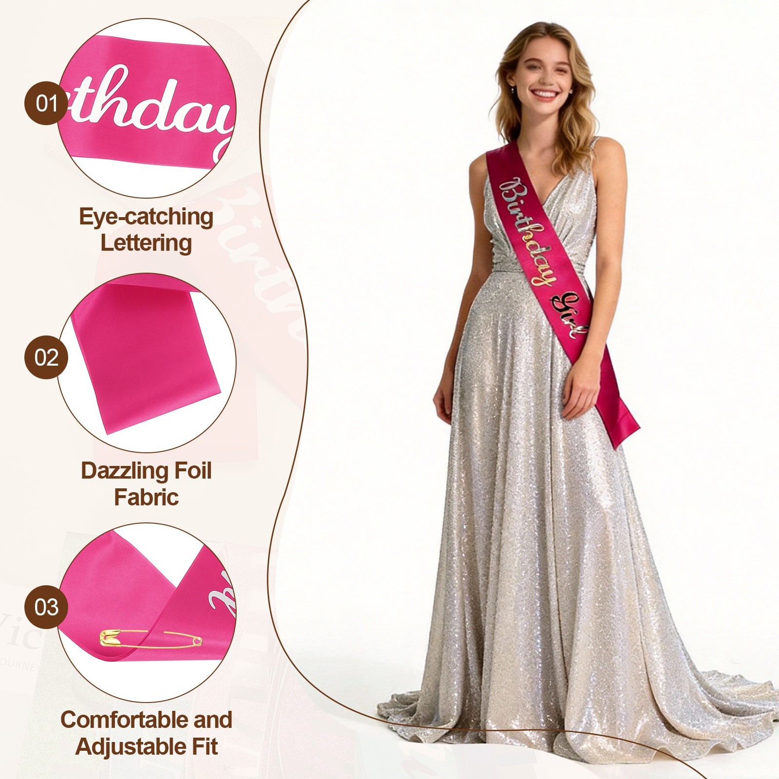 Birthday Girls Sash with Pin Silver Sparkle Lettering for Birthday Party, Pink
