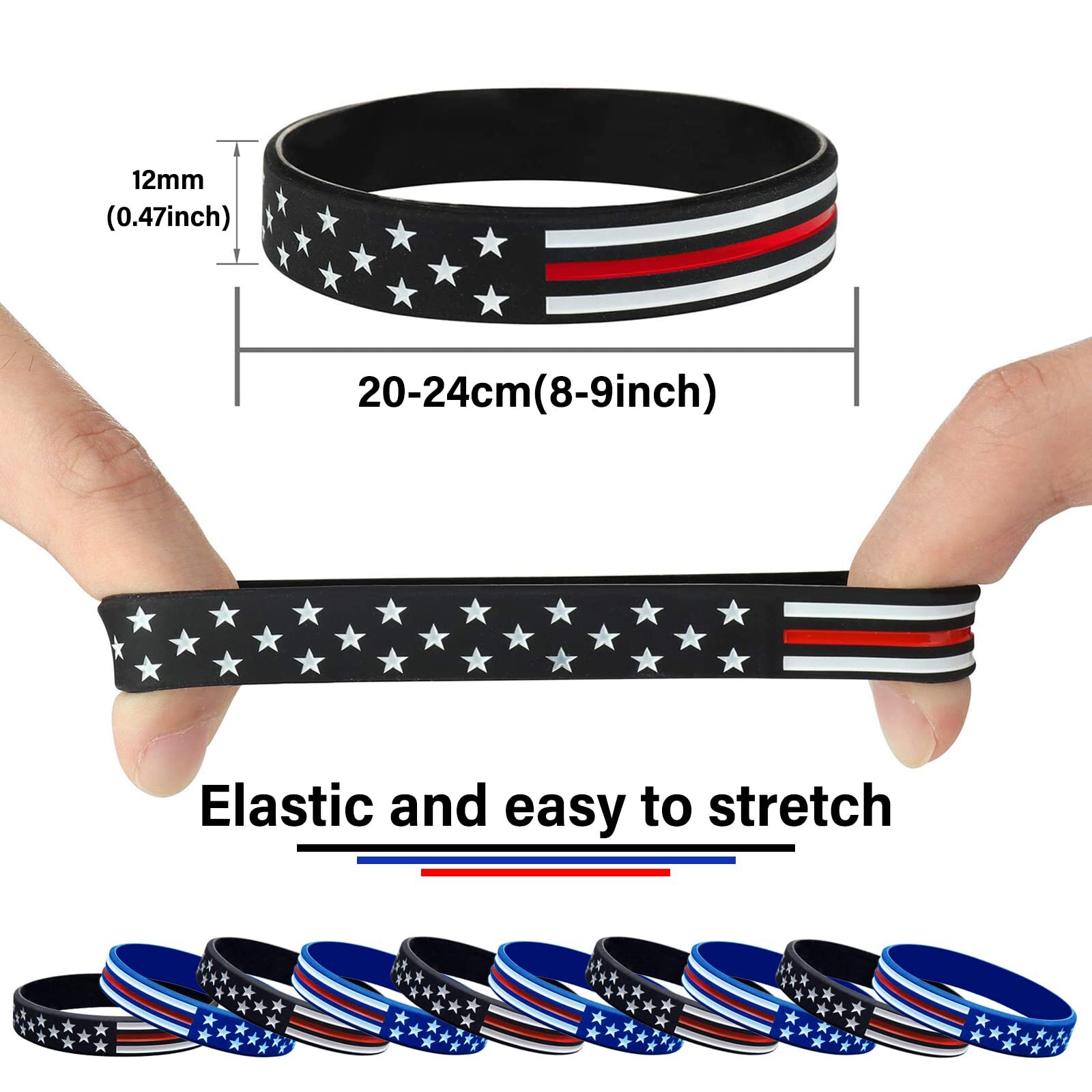 10 Pack Silicone Bracelets with American Flag Rubber Thin Red Line Wristbands