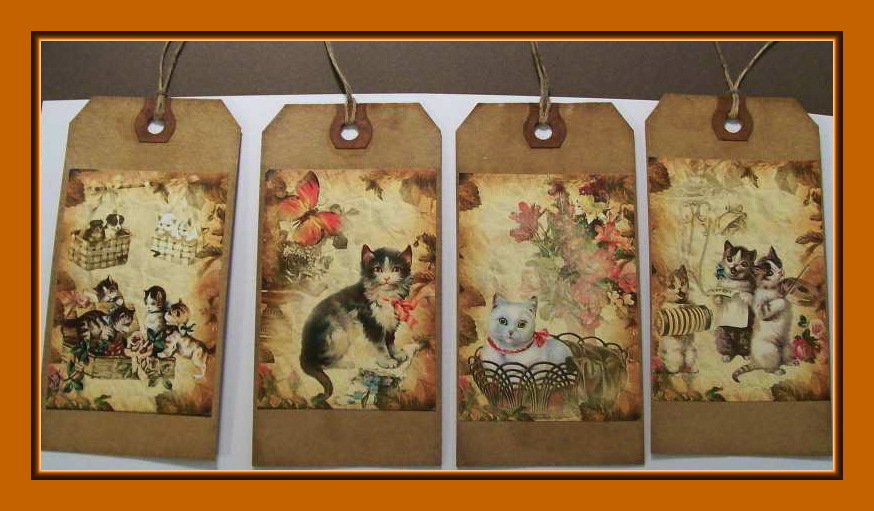 PLAYFUL KITTEN AND CAT HANG TAGS – SET OF EIGHT – ADORABLE – PRIMITIVE