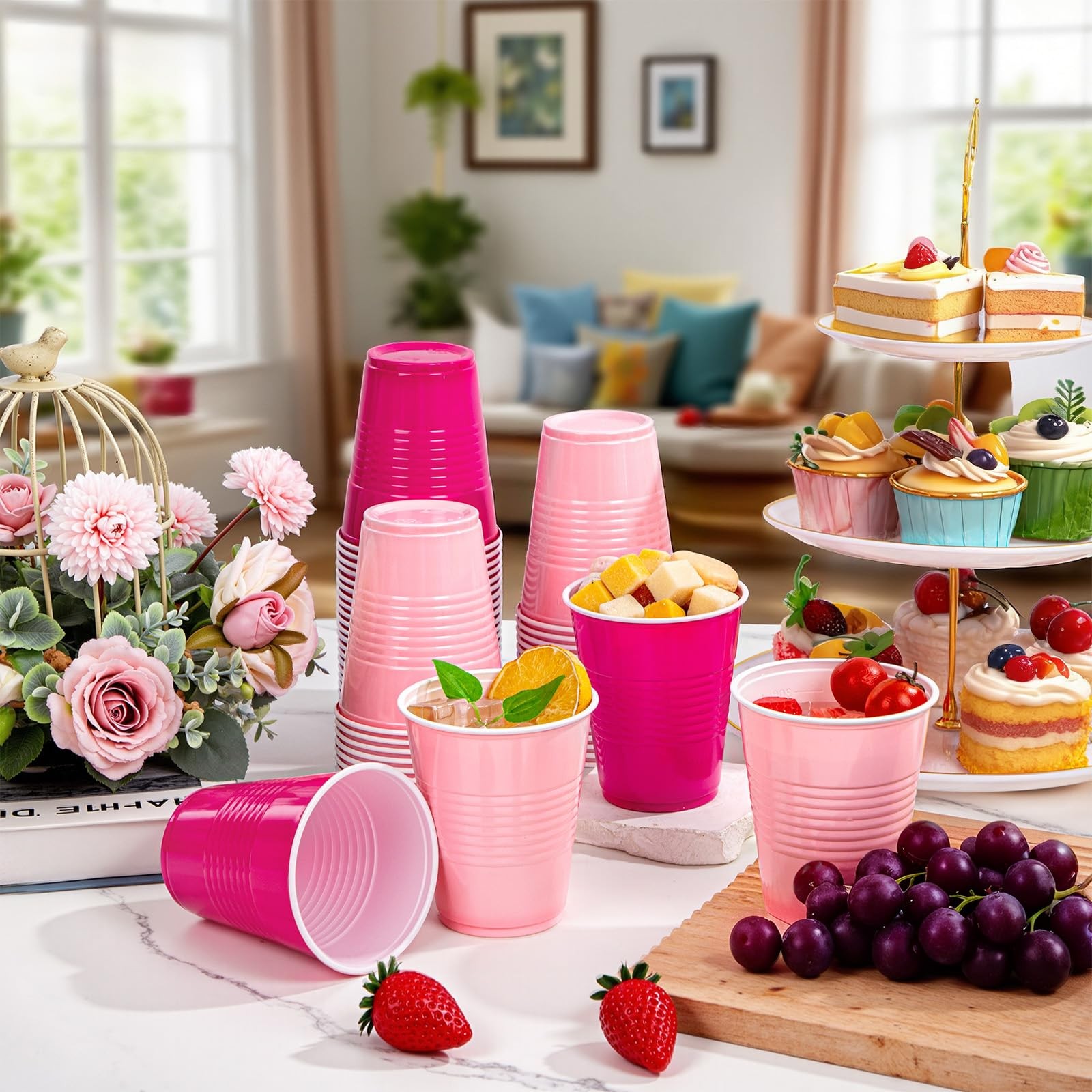 WELLIFE 12 OZ Pink Party Cups – 100 Pack Dual-Pink 100PCS, D-Pink&Hot