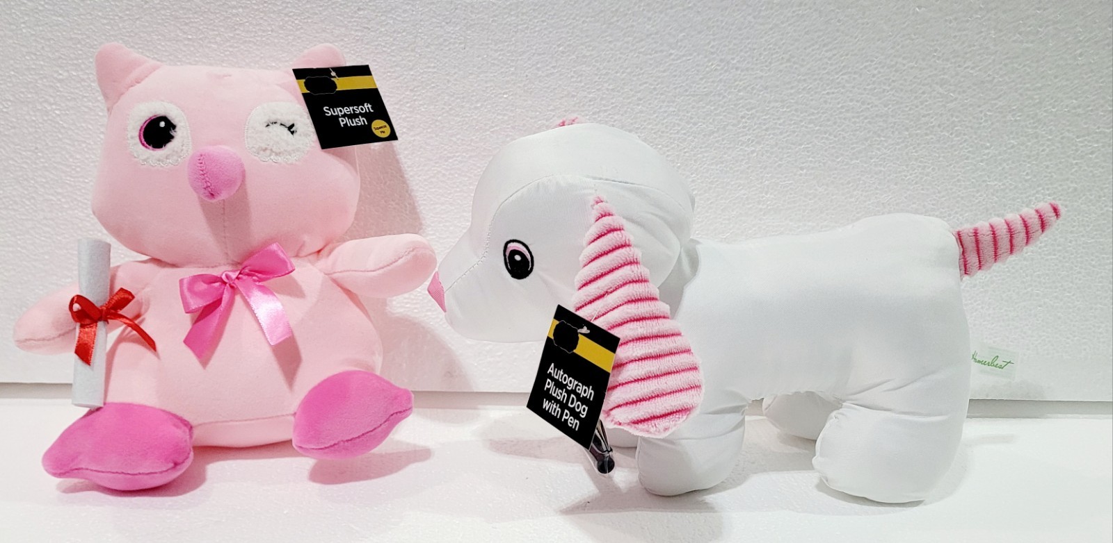 2 PC Pink Graduation Autograph Dog Toys Grad Students Gift Party w/ Pen & Owl