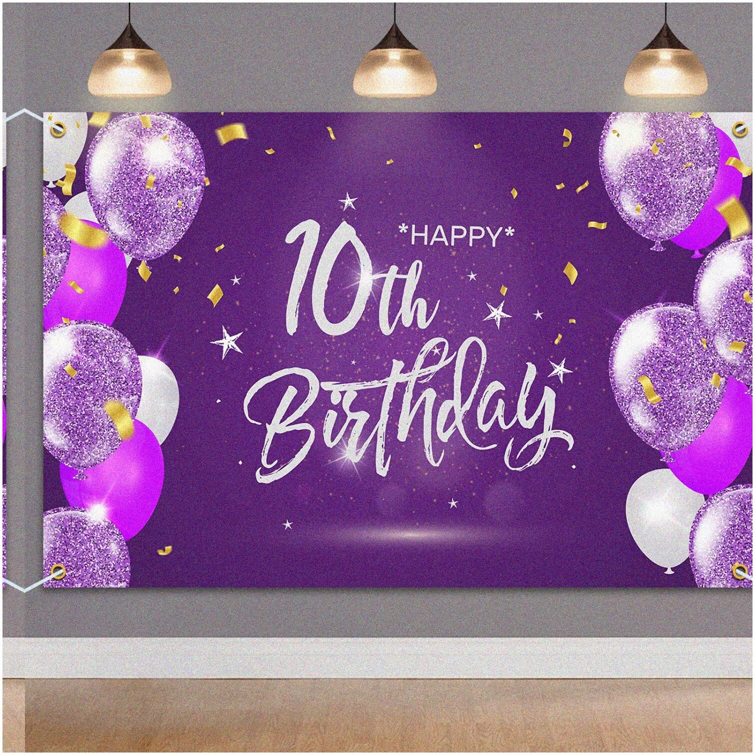 Purple 10th Birthday Party Backdrop Banner with Ribbon