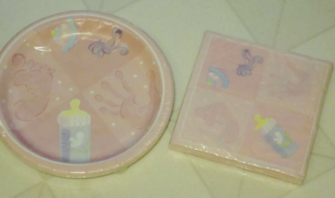 Baby Shower Paper Plates & Napkins Party Set Rattle Bottle Infant Girl Handprint