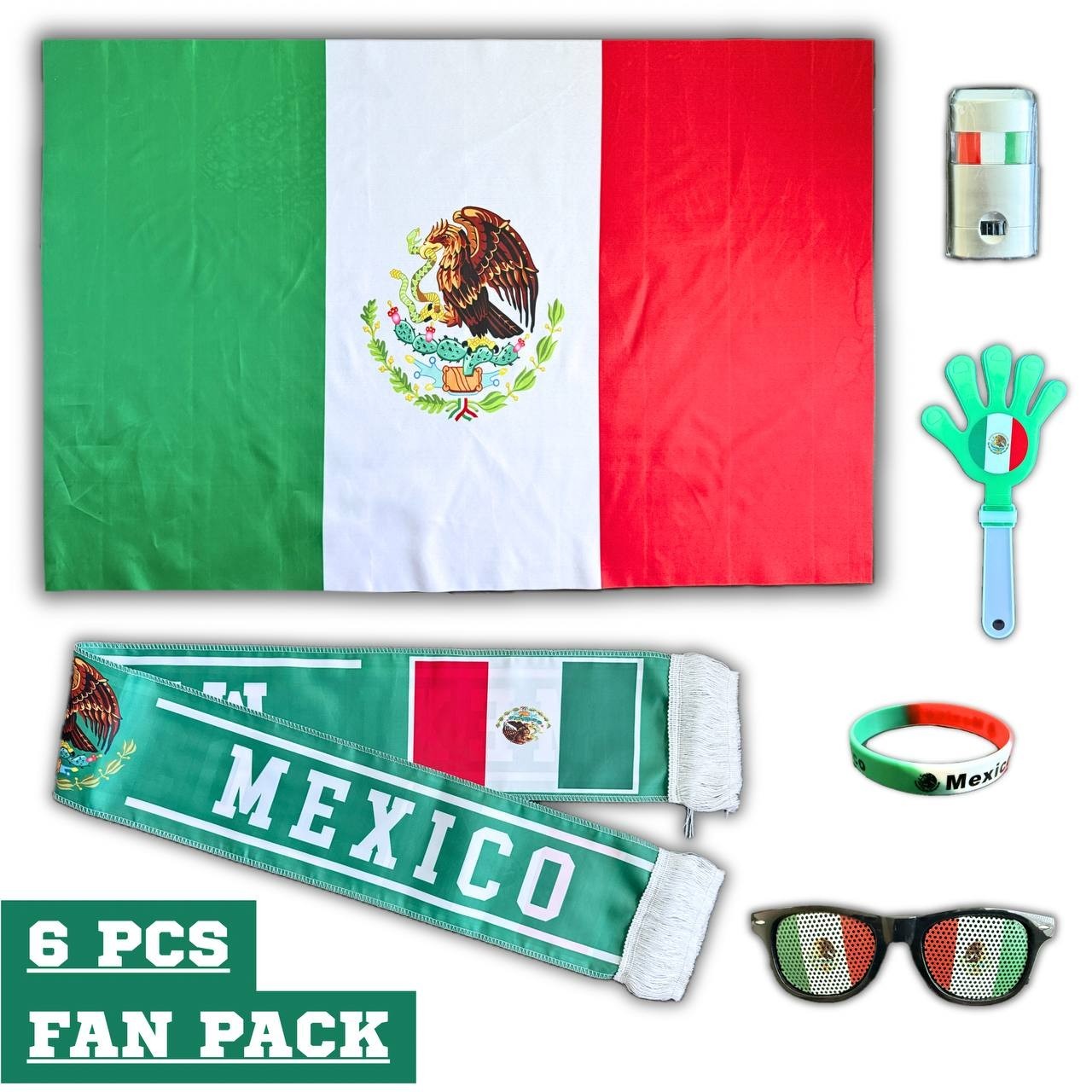 Mexico Football Fan Gear Flag Scarf Fan Glasses Watch Party Set