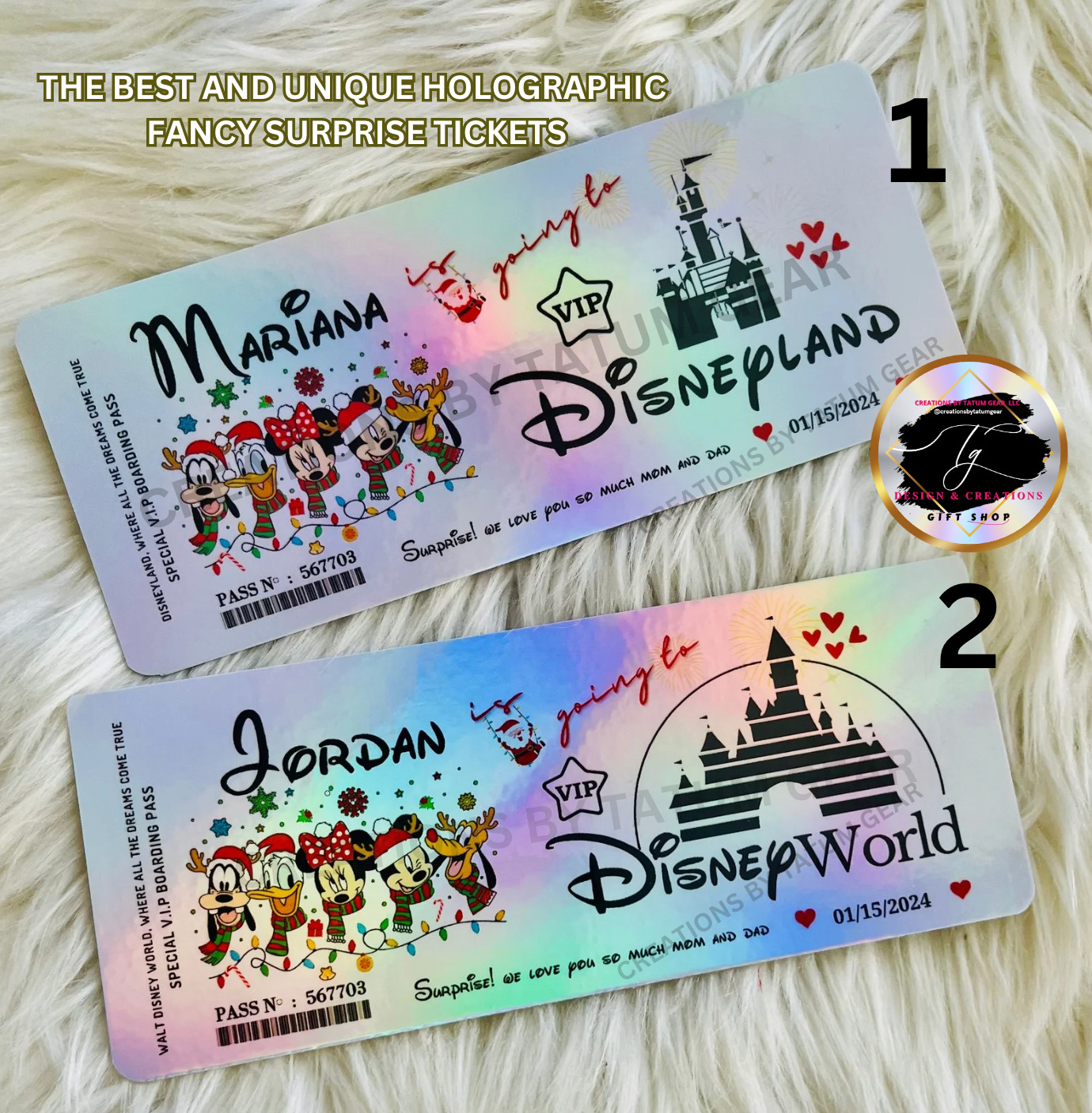 Physical Holographic Unique Personalized Surprise Reveal Ticket Disney Christmas