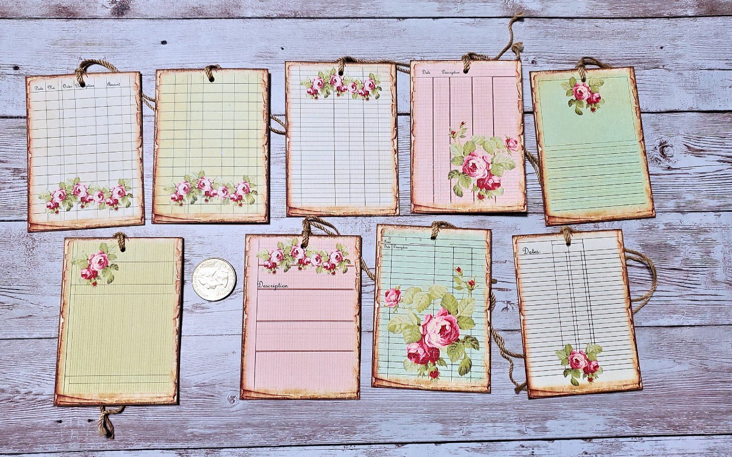 9~Vintage~Ephemera~Shabby Chick~Junk Journal~Linen Cardstock~Gift~Hang~Tags