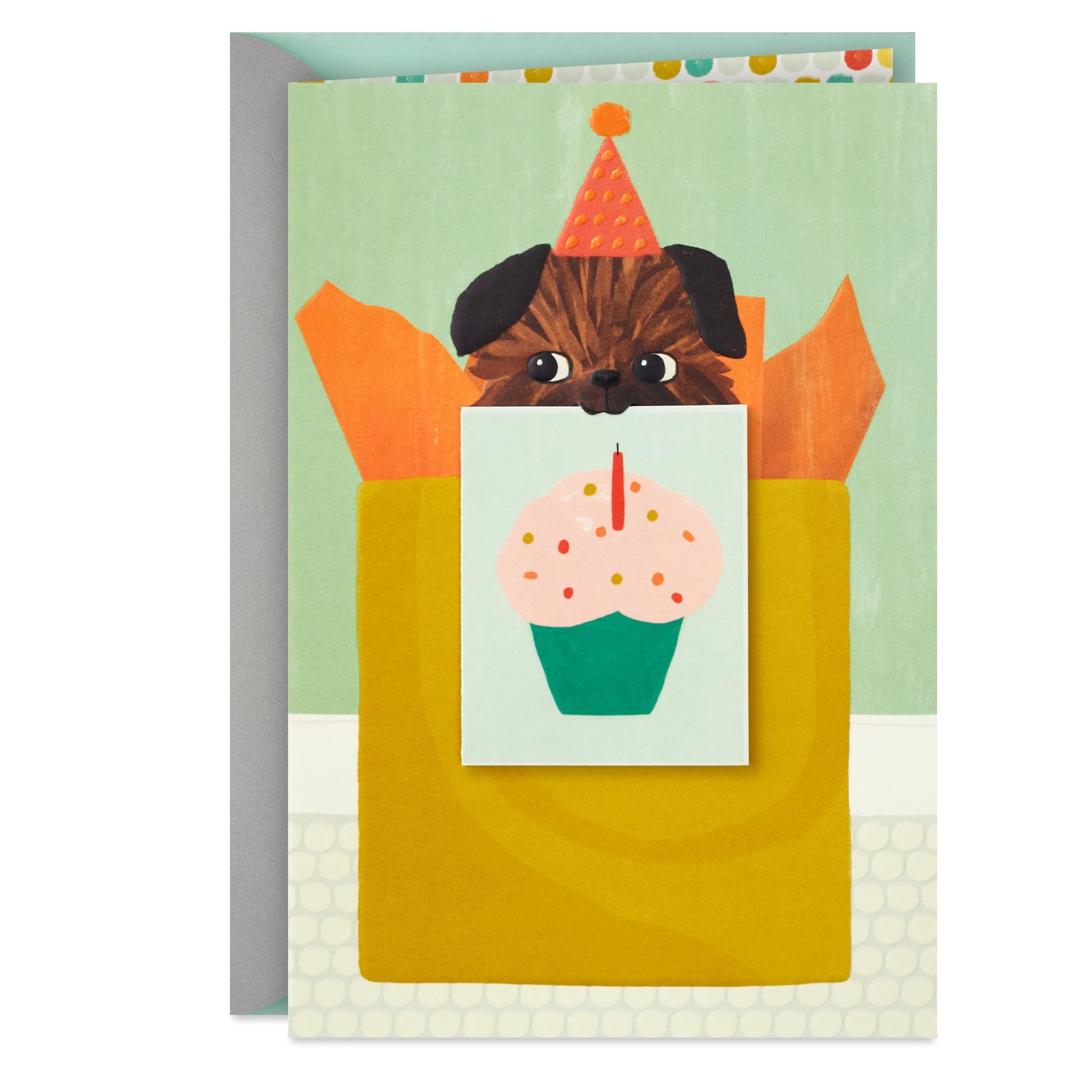 Hallmark Birthday Card (Puppy in a Party Hat) 5×7.2 inches, Green