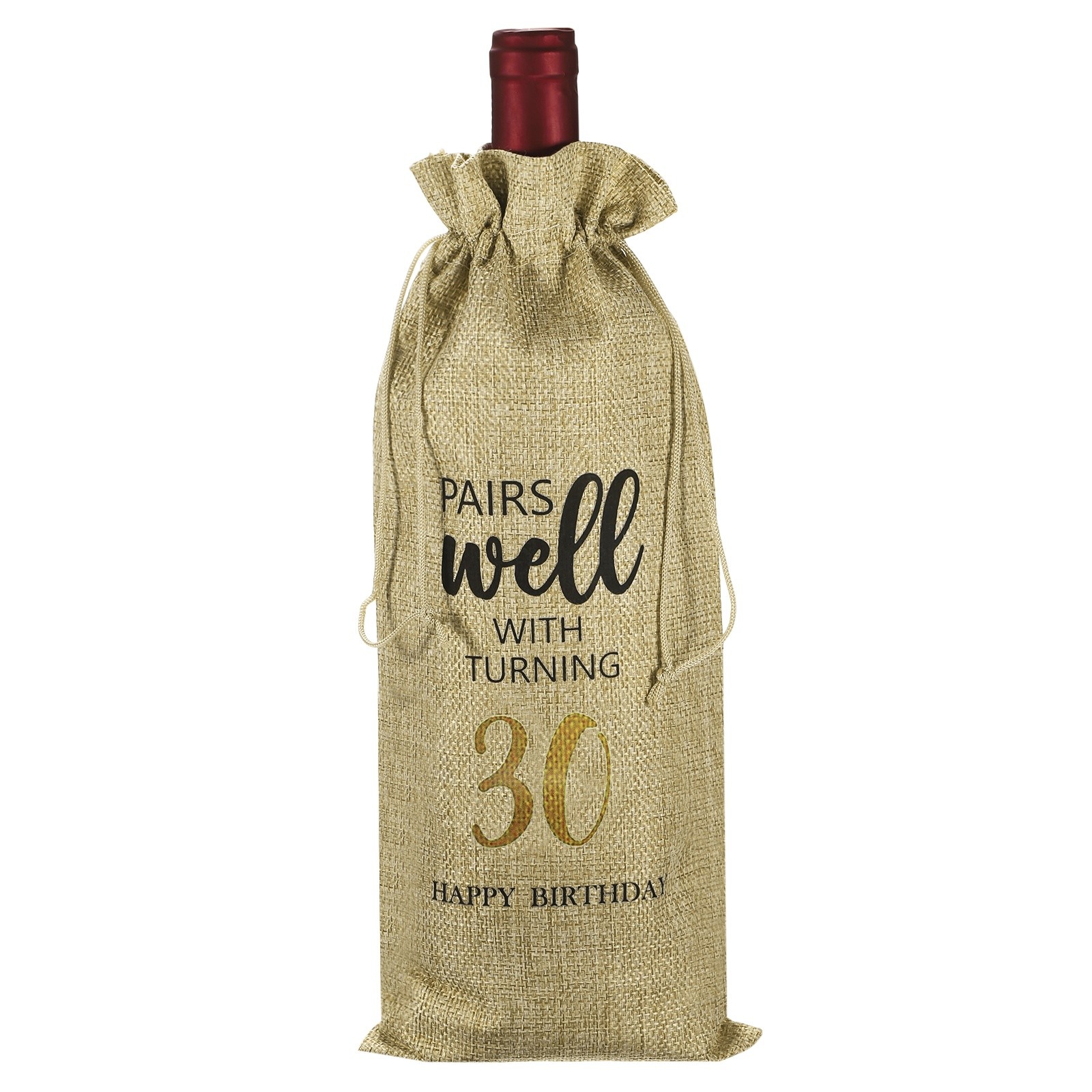 6 x 14 Inch 30th Birthday Gift Wine Bottle Bag with Drawstring, Beige