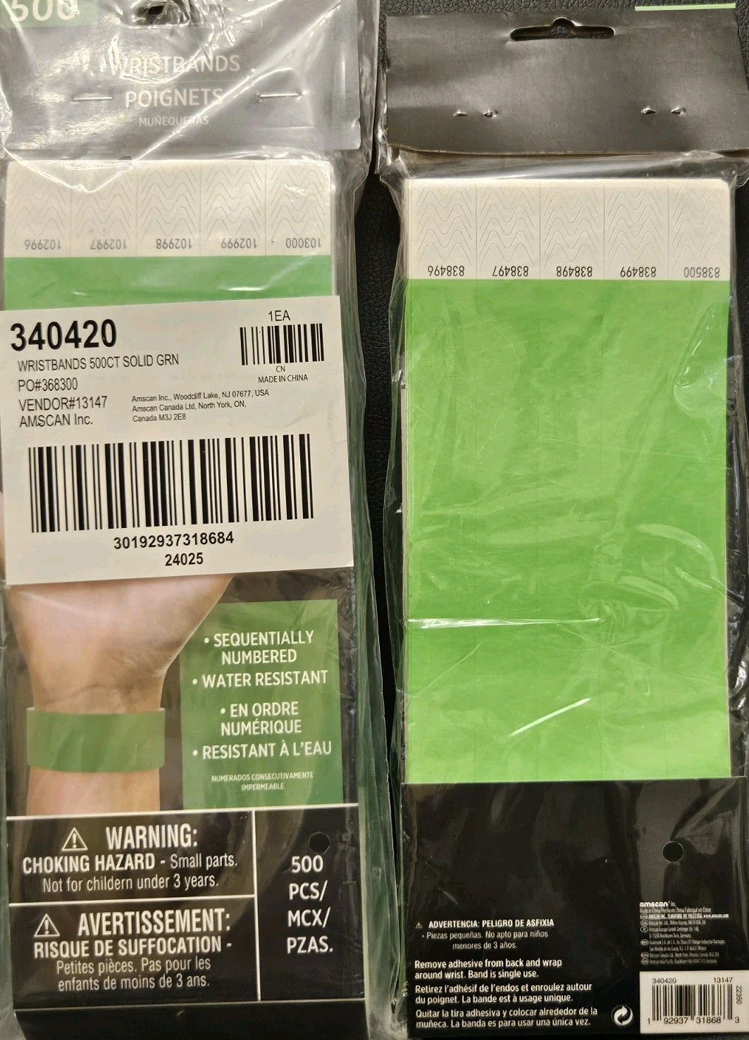 Lot Of 2 Packs Green Wristbands 500 Each Sequentially Numbered Water Resistant