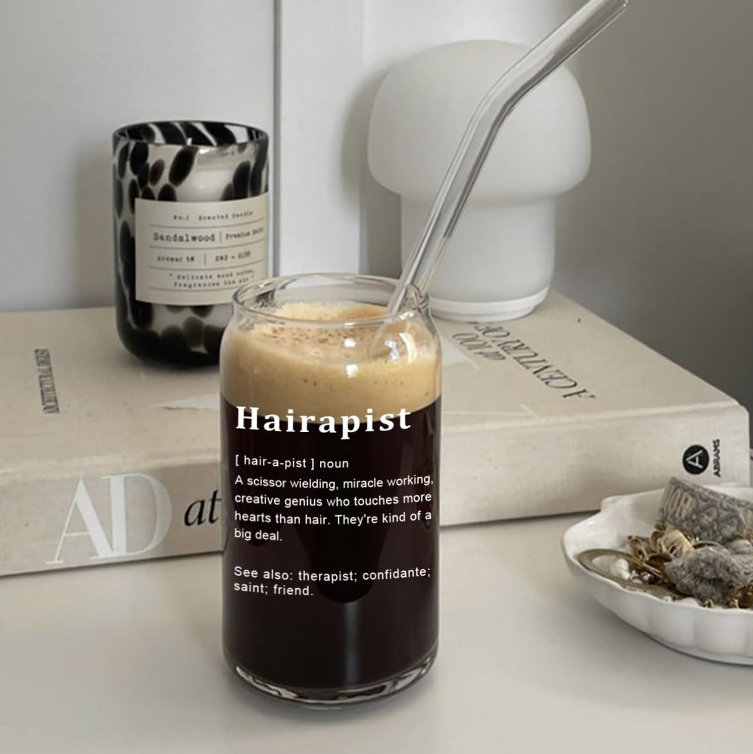 Hairdresser Gifts for Women – Hairapist Glass Cups with Lids and Straws, Barb…